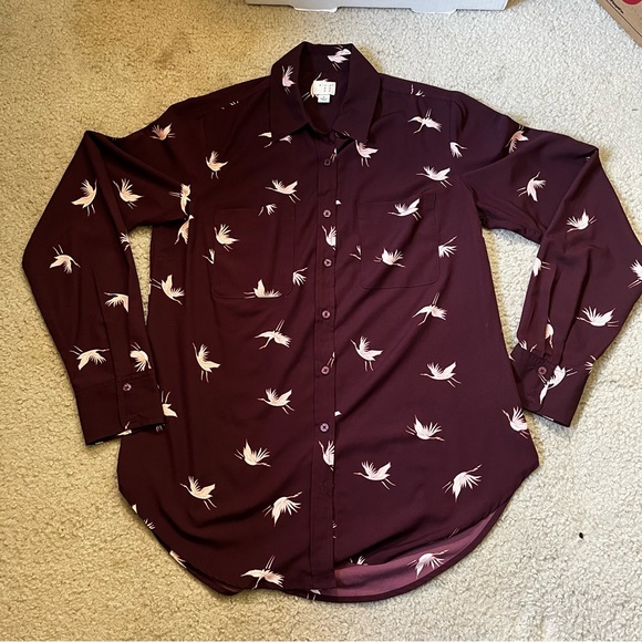 4/$20 A New Day Cranes Burgundy Button Down - Picture 2 of 4